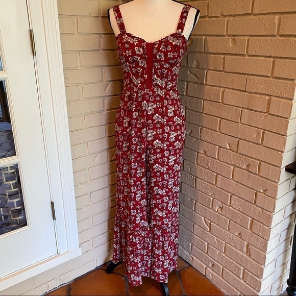 American Eagle Red Floral Wide Leg Jumpsuit Sweetheart Neck Padded Womens Size 4 - Picture 3 of 12